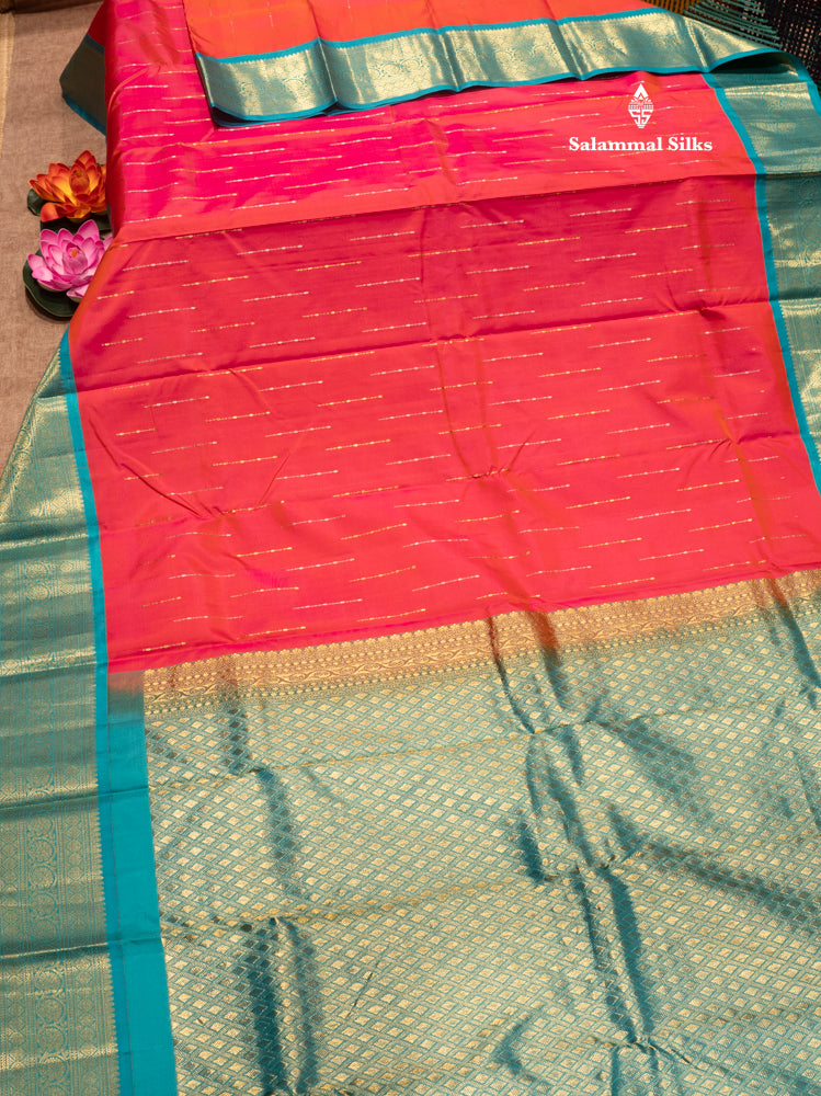 Pinkish Orange Colour Pure Kanjivaram Silk Saree With Sapphire Green Border