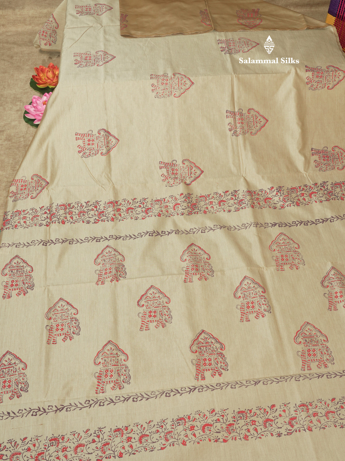 Sandal South Cotton Printed Saree With Contrast Purple Blouse