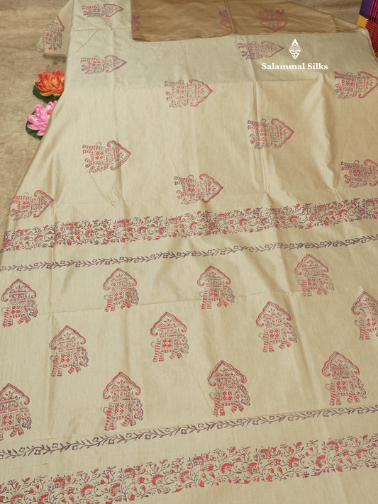 Sandal Mixed Cotton Printed Saree With Contrast Purple Blouse