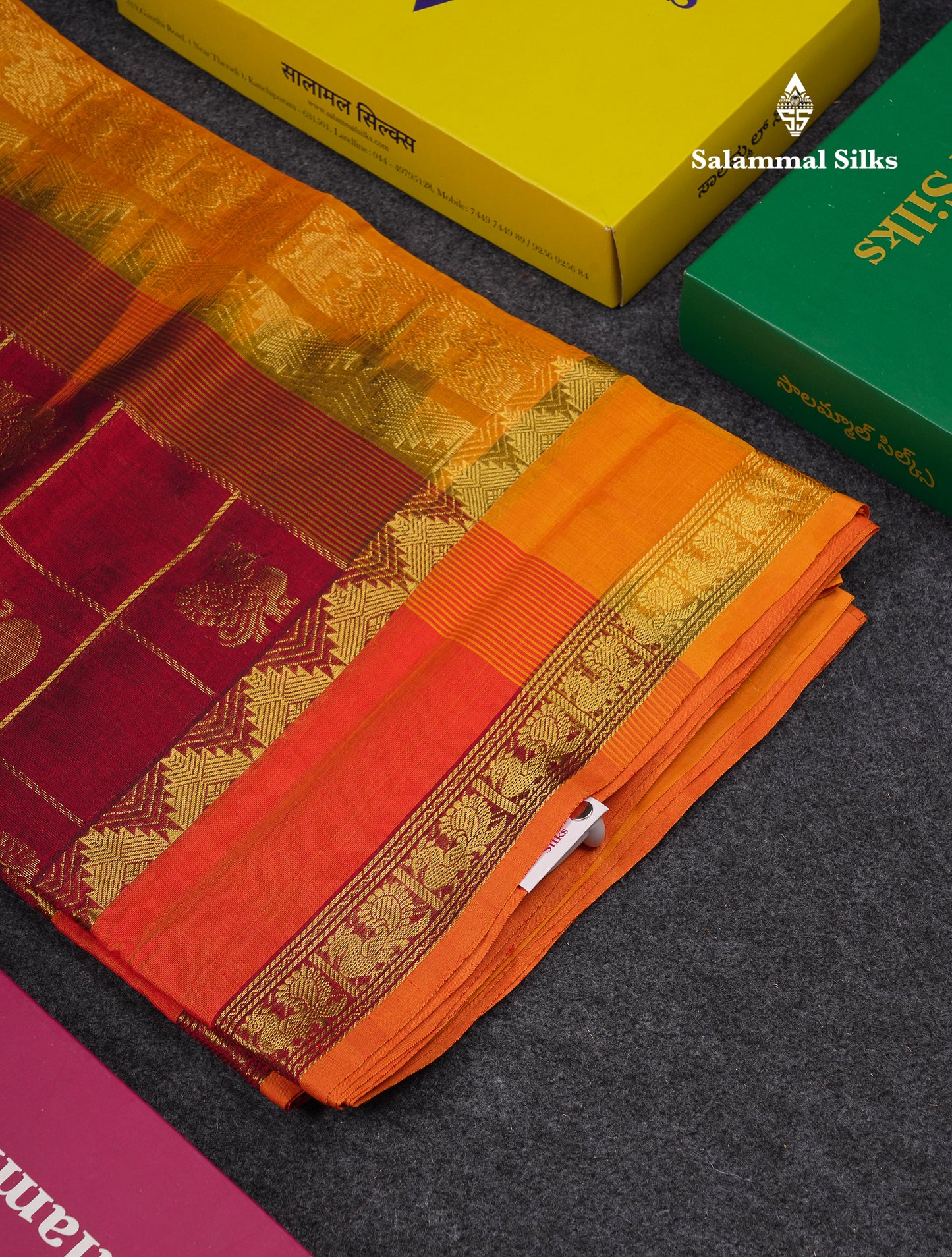 Beautiful Maroon Checks With Mango & Peacock Buttas Pure Silk Cotton Saree With Contrast Mustard Yellow Blouse