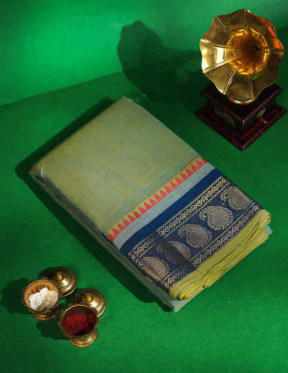 Chettinad Pure Cotton Saree - Dual Tone Green Colour Body Plain With Petrol Blue Border
