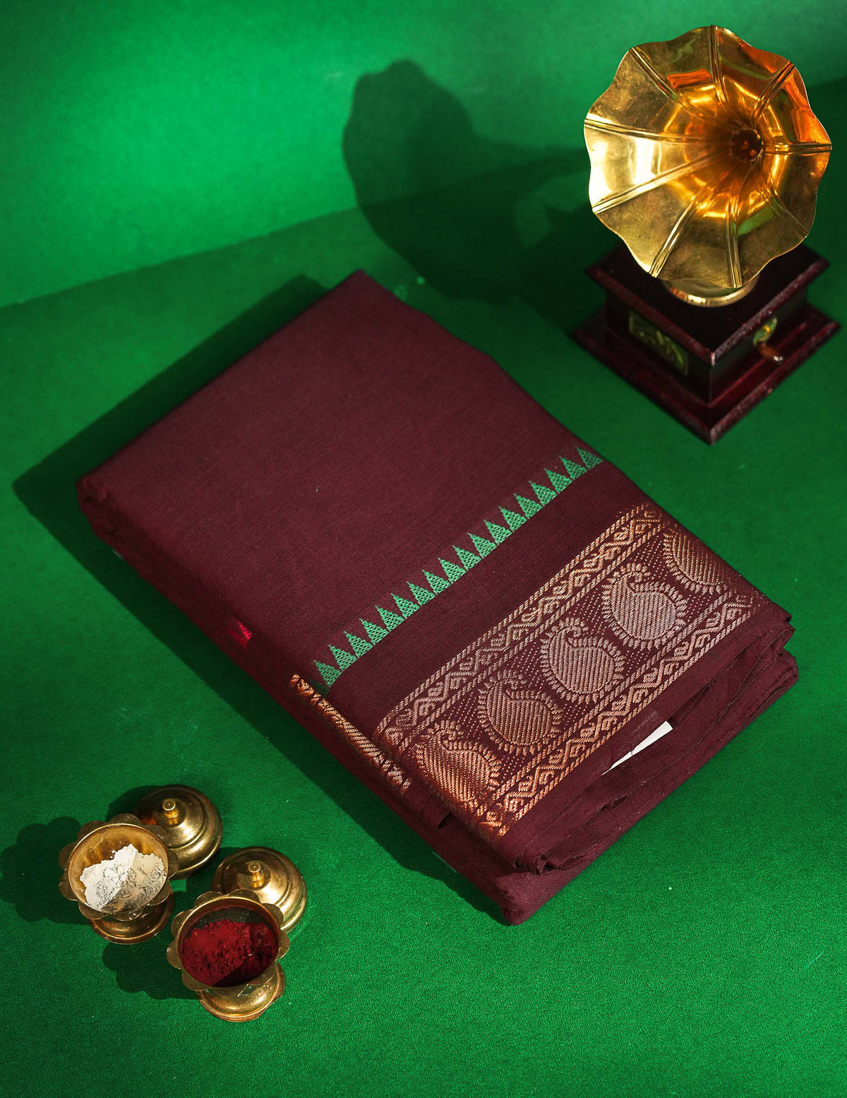 Chettinad Pure Cotton Saree - Dark Maroon Colour Body Plain With Traditional Border
