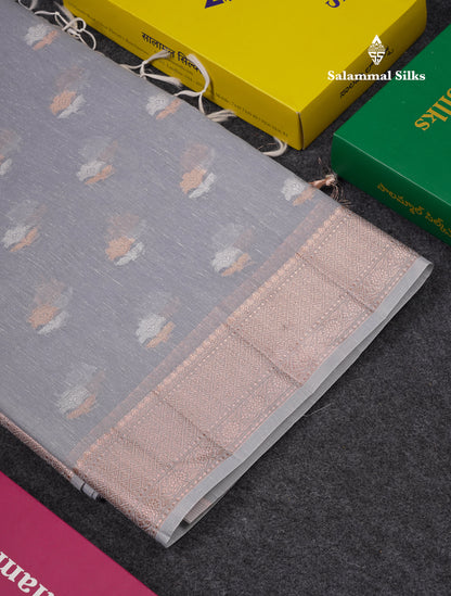 Beautiful Elaichi Green Silver And Copper Zari Buttas Linen Mix Cotton Fancy Saree With Tarditional Border