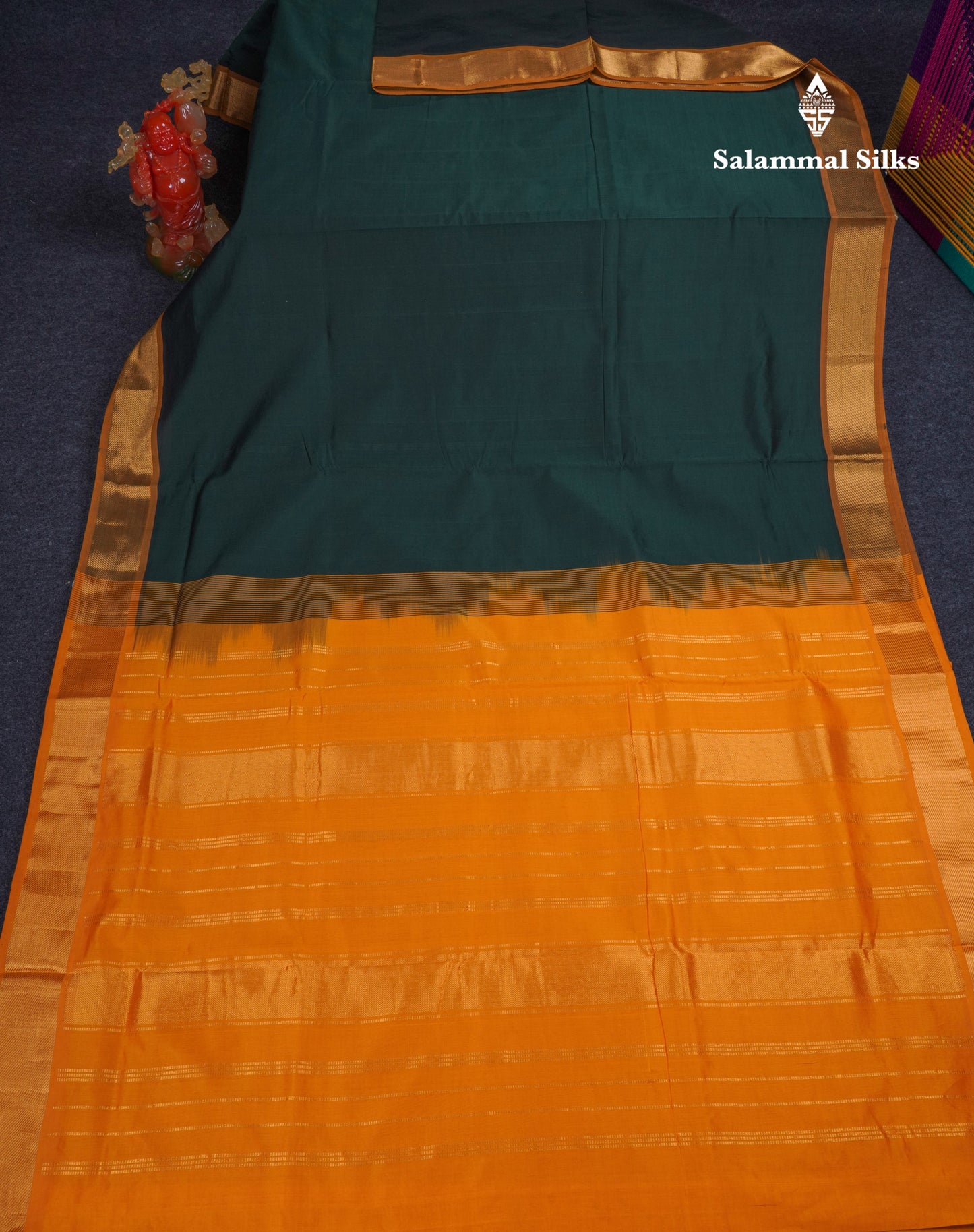 Beautiful Bottle Green Plain Semi Silk Cotton Saree With Contrast Mustard Yellow Blouse