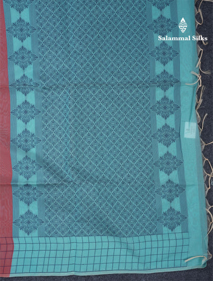 Tomato Red Beautiful Fancy Kora Cotton Saree With Contrast Pastel Blue Blouse