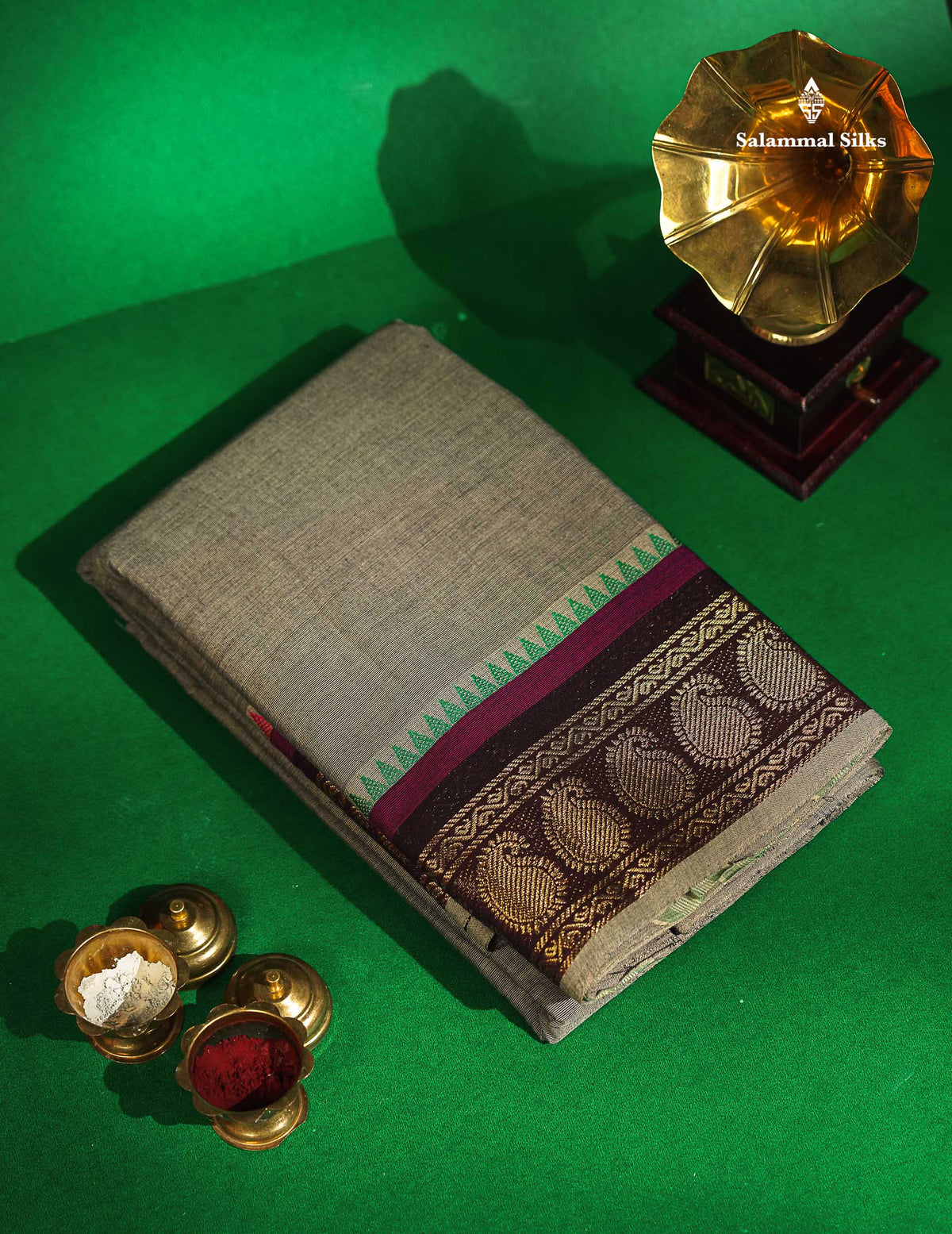 Chettinad Pure Cotton Saree - Dual Tone Grey Colour Body Plain With Dark Brown Border 