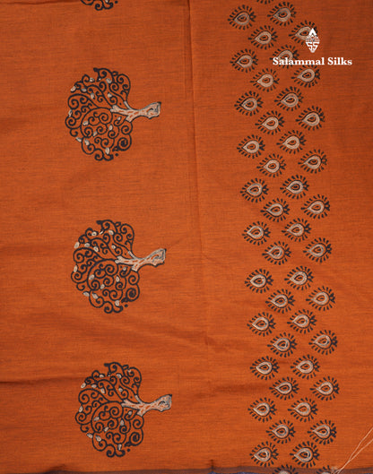 Beautiful Orange South Cotton Printed Saree With Contrast Cream White Blouse