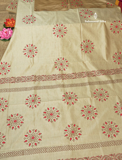 Dark Brown South Cotton Printed Saree With Contrast Sandal Blouse