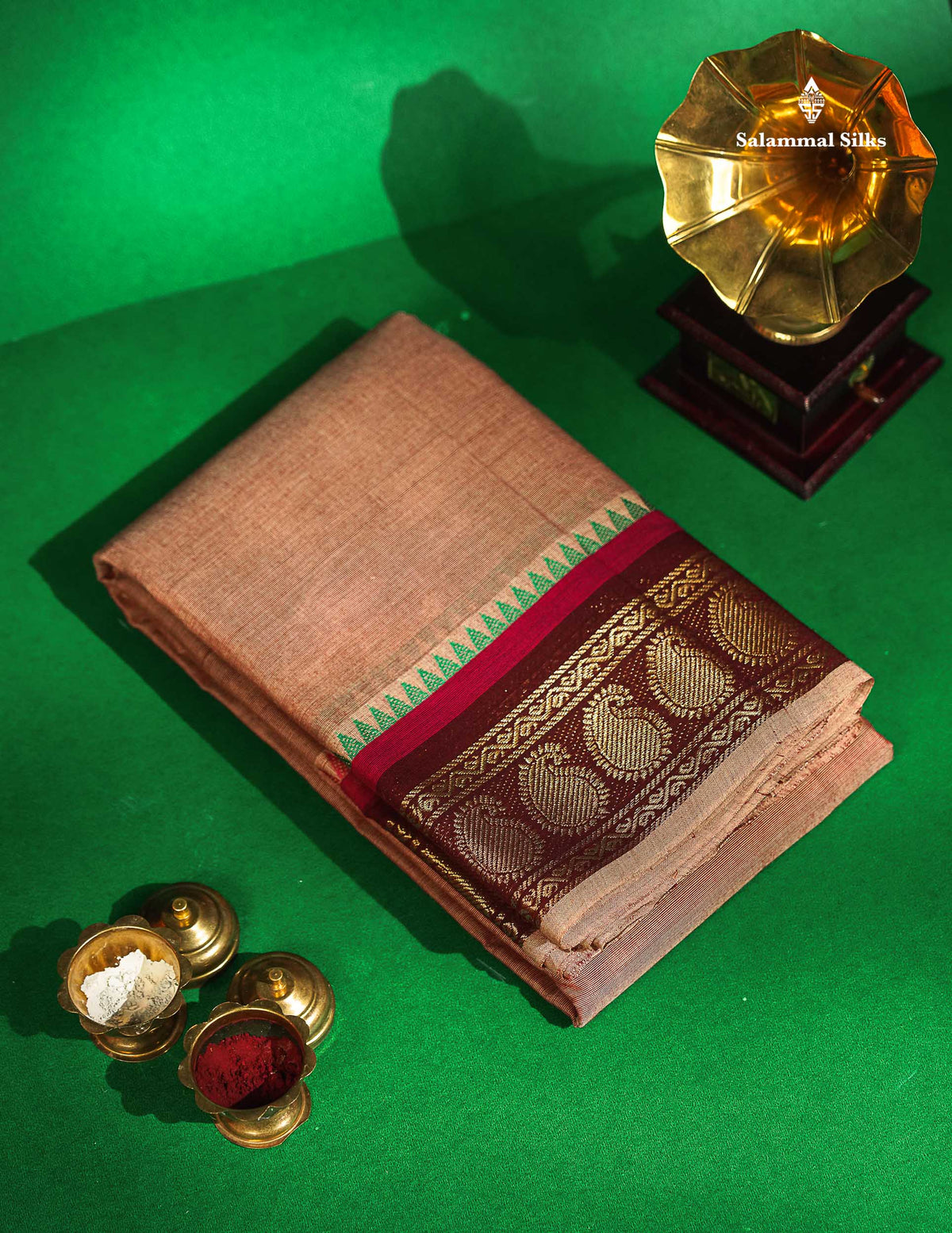 Chettinad Pure Cotton Saree - Peach Colour Body Plain With Maroon Border 