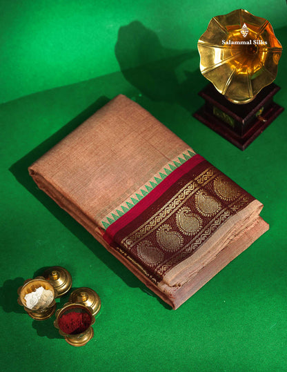 Chettinad Pure Cotton Saree - Peach Colour Body Plain With Maroon Border 