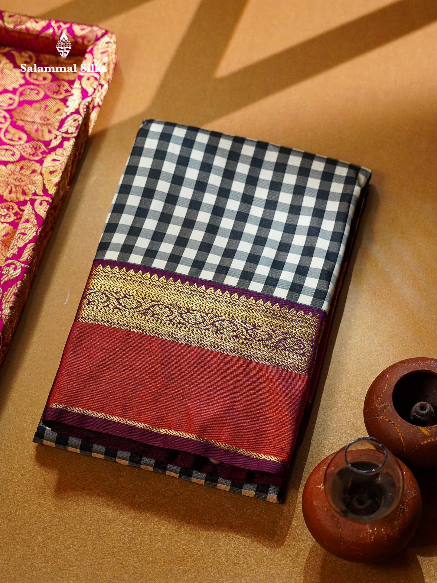 Beautiful Multicolour Small Checks Semi Silk Saree With Contrast Magenta Traditional Border