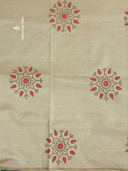 Dark Brown South Cotton Printed Saree With Contrast Sandal Blouse