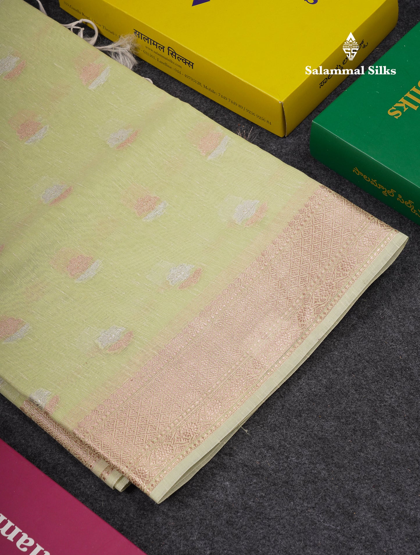 Beautiful Elaichi Green Silver And Copper Zari Buttas Linen Mix Cotton Fancy Saree With Tarditional Border