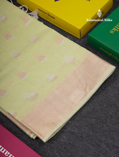 Beautiful Elaichi Green Silver And Copper Zari Buttas Linen Mix Cotton Fancy Saree With Tarditional Border