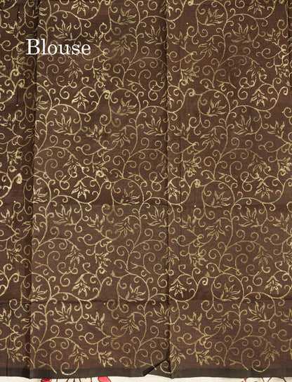 Dark Brown South Cotton Printed Saree With Contrast Sandal Blouse