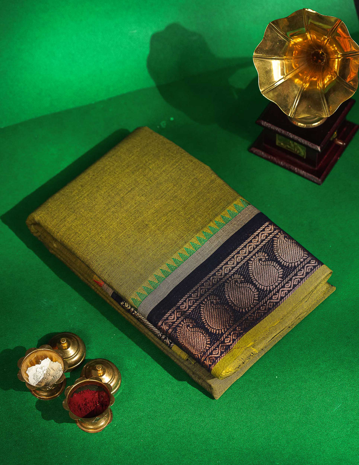 Chettinad Pure Cotton Saree - Olive Green Colour Body Plain With Navy Blue Border