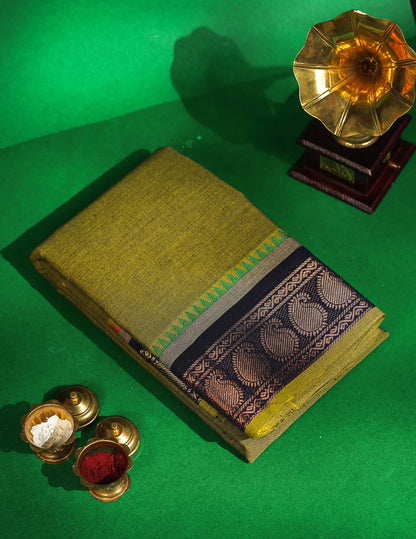 Chettinad Pure Cotton Saree - Olive Green Colour Body Plain With Navy Blue Border