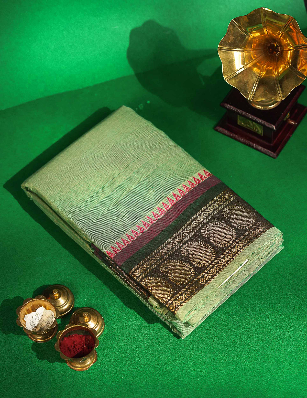 Chettinad Pure Cotton Saree - Light Green Colour Body Plain With Bottle Green Border