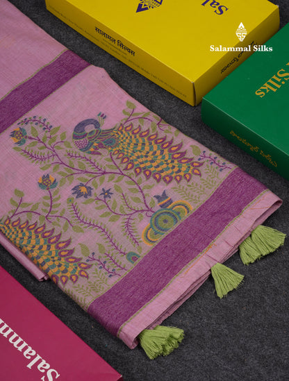 Beautiful Dark Peach Menakari Work Butta Muga Cotton Saree With Blouse