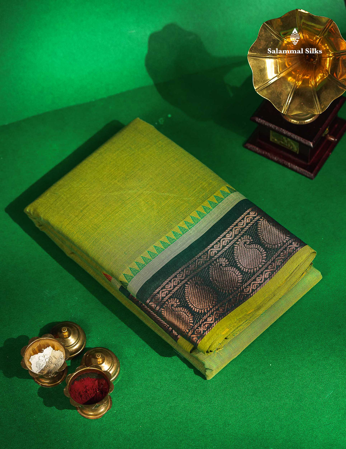 Chettinad Pure Cotton Saree - Parrot Green Colour Body Plain With Teal Green Border 