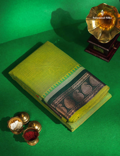 Chettinad Pure Cotton Saree - Parrot Green Colour Body Plain With Teal Green Border 