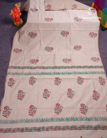Beautiful Cream Sandal South Cotton Printed Saree With Contrast Green Blouse