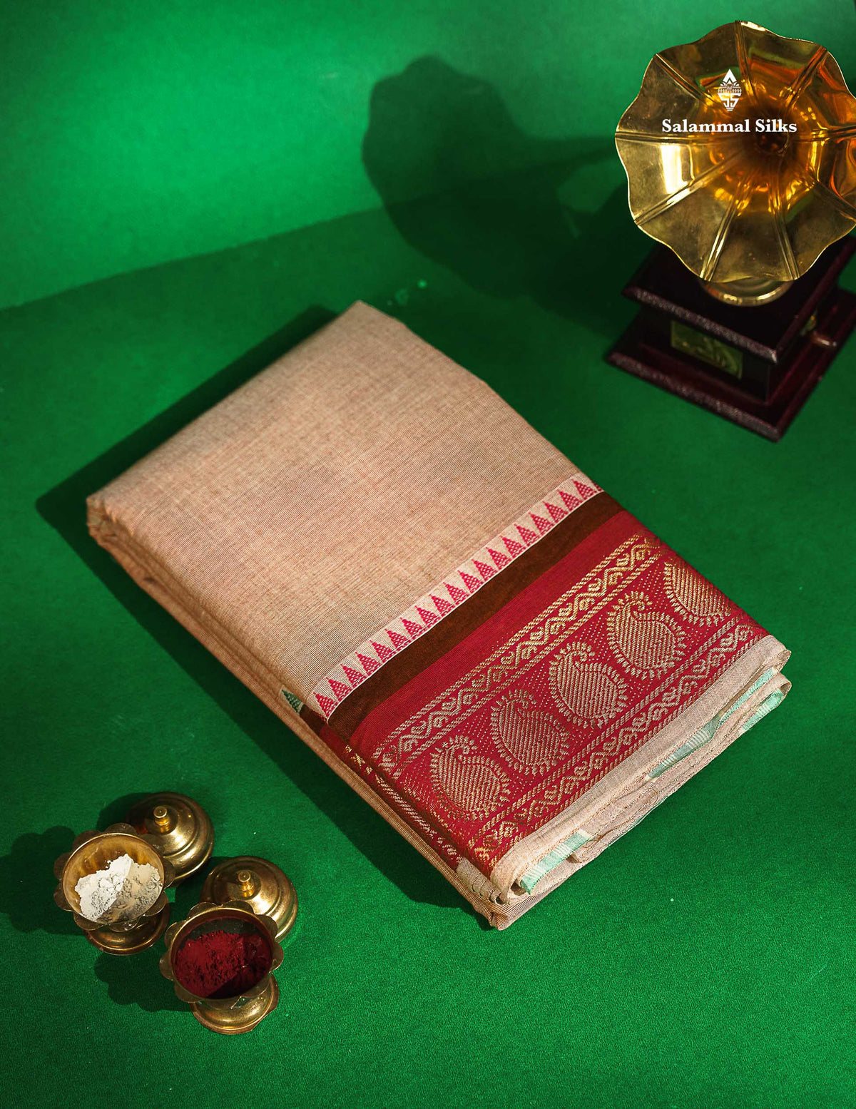 Chettinad Pure Cotton Saree - Light Peach Colour Body Plain With Redish Pink Green Border 