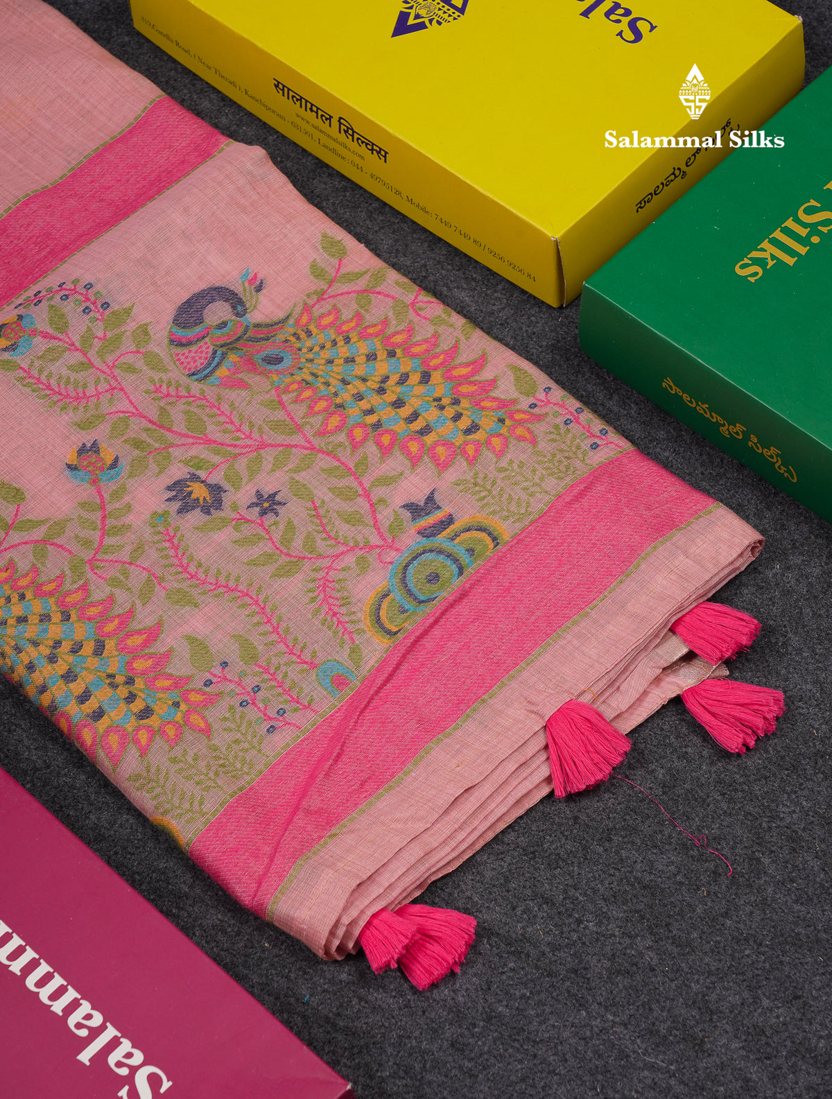 Beautiful Dark Peach Menakari Work Butta Muga Cotton Saree With Blouse