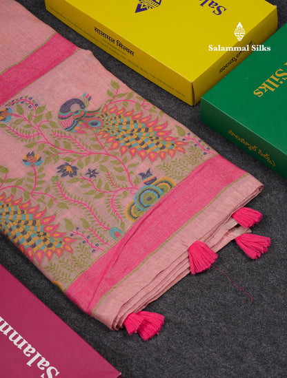 Beautiful Dark Peach Menakari Work Butta Muga Cotton Saree With Blouse