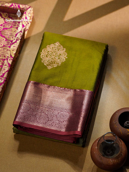 Beautiful Olive Green Semi Silk Saree With Contrast Maroon Traditional Border