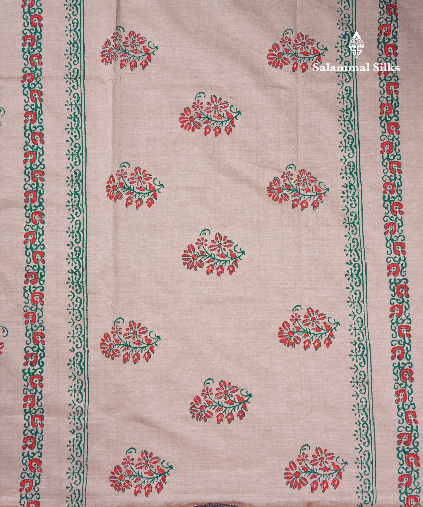 Beautiful Cream Sandal South Cotton Printed Saree With Contrast Green Blouse