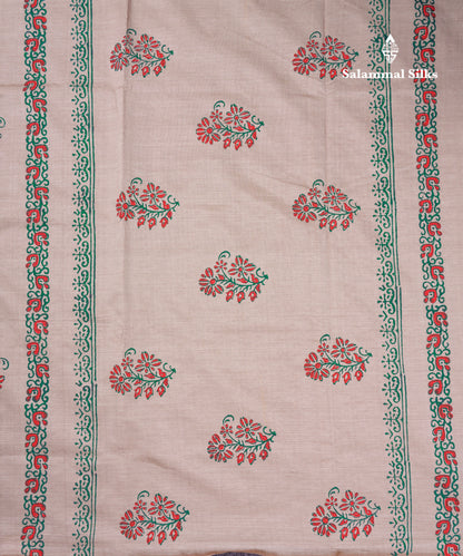Beautiful Cream Sandal South Cotton Printed Saree With Contrast Green Blouse