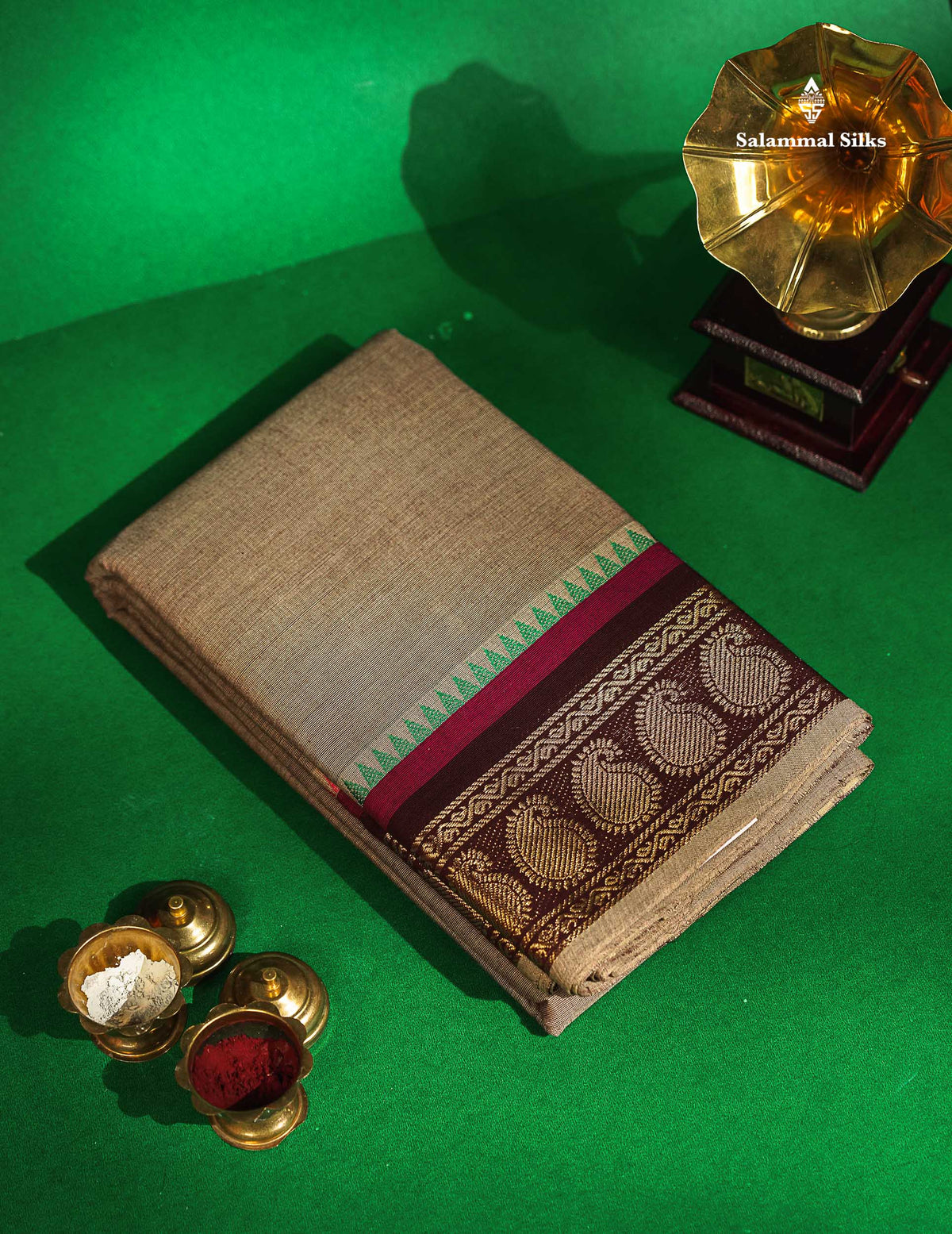 Chettinad Pure Cotton Saree - Light Brown Colour Body Plain With Dark Brown Border 