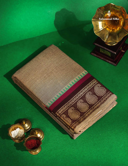 Chettinad Pure Cotton Saree - Light Brown Colour Body Plain With Dark Brown Border 