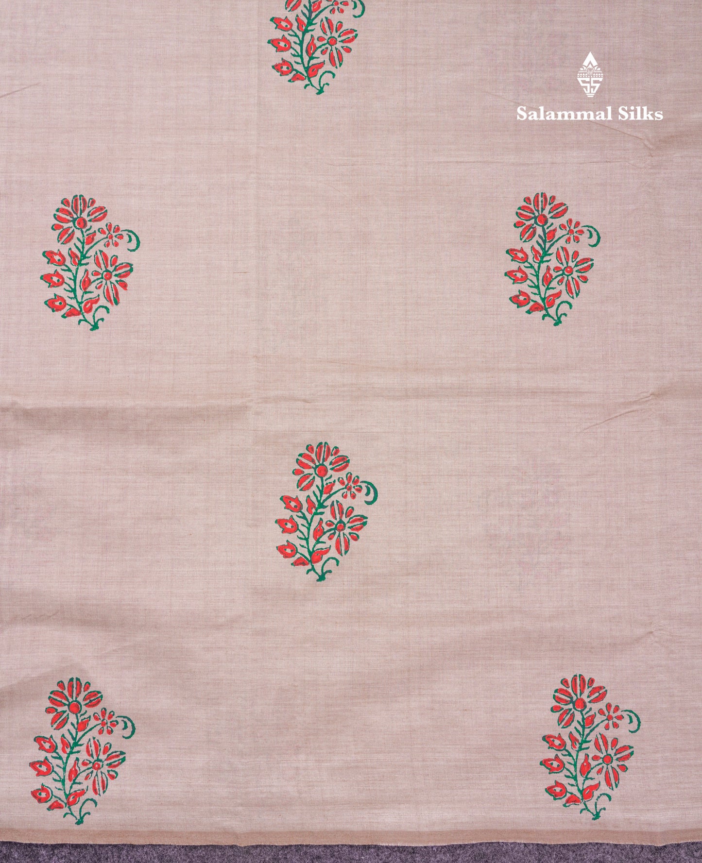 Beautiful Cream Sandal South Cotton Printed Saree With Contrast Green Blouse