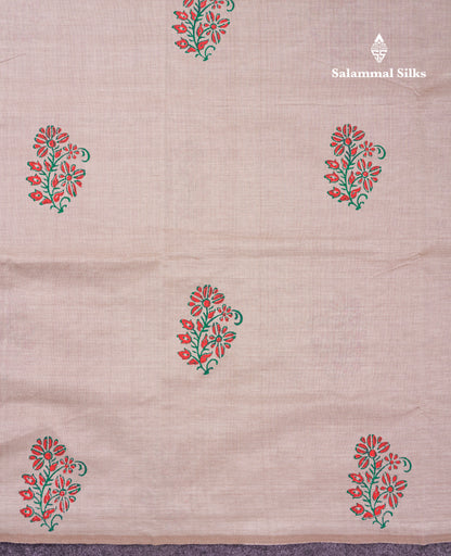 Beautiful Cream Sandal South Cotton Printed Saree With Contrast Green Blouse