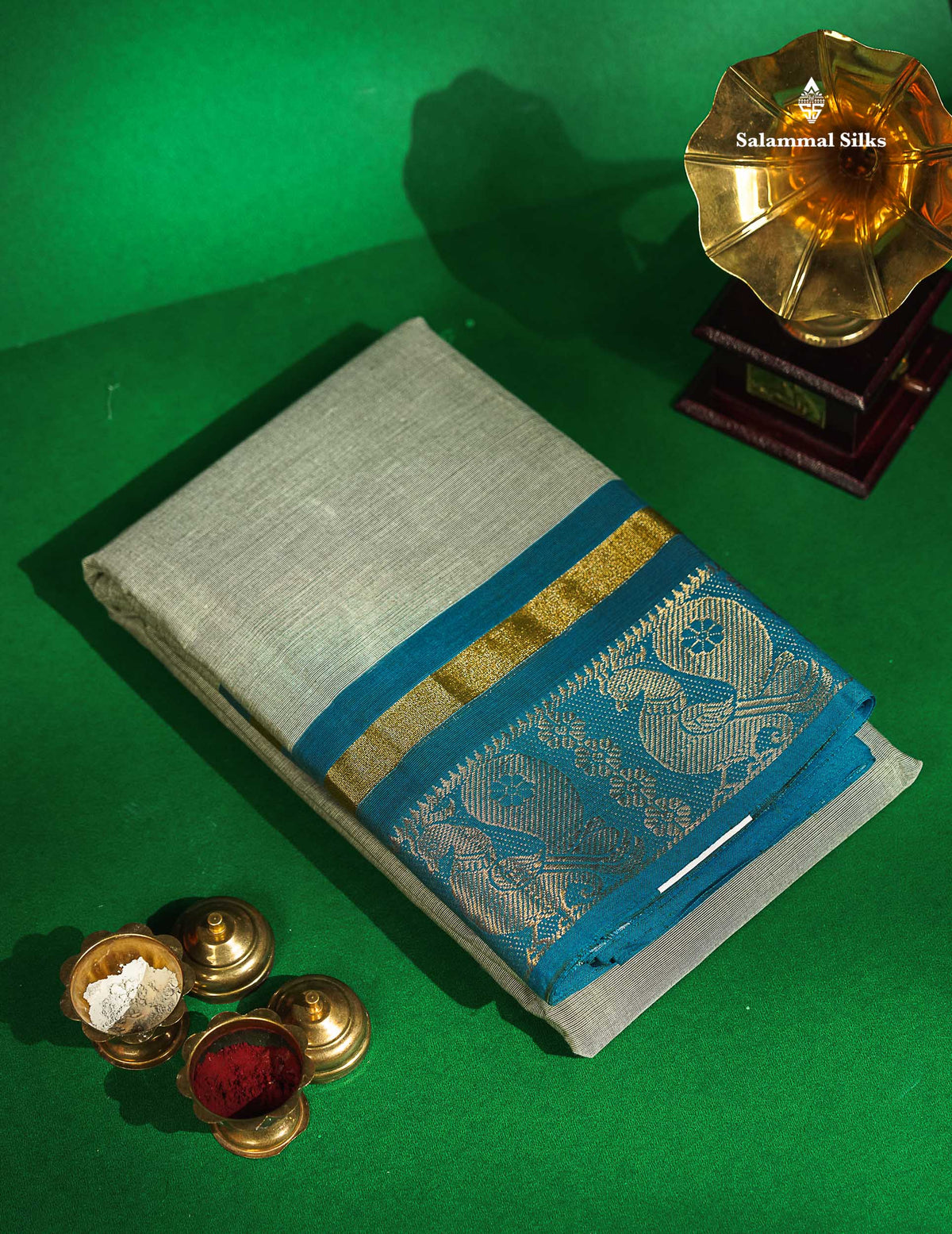 Chettinad Pure Cotton Saree - Greenish Grey Colour Body Plain With Teal Blue Border 