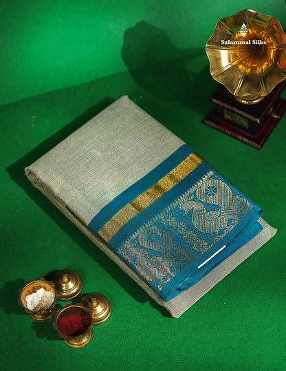 Chettinad Pure Cotton Saree - Greenish Grey Colour Body Plain With Teal Blue Border 