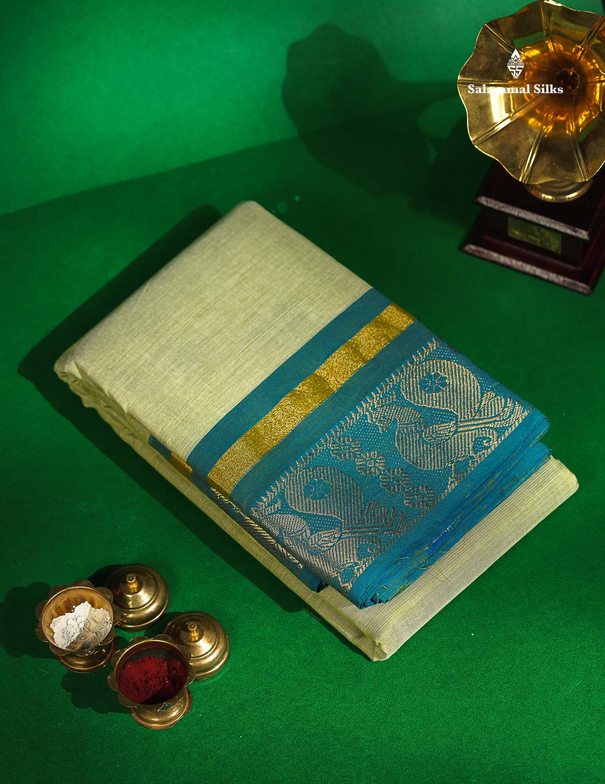 Chettinad Pure Cotton Saree - Light Pista Green Colour Body Plain With Light Blue Border 