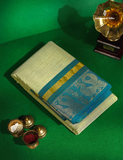 Chettinad Pure Cotton Saree - Light Pista Green Colour Body Plain With Light Blue Border 