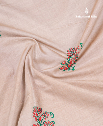 Beautiful Cream Sandal South Cotton Printed Saree With Contrast Green Blouse