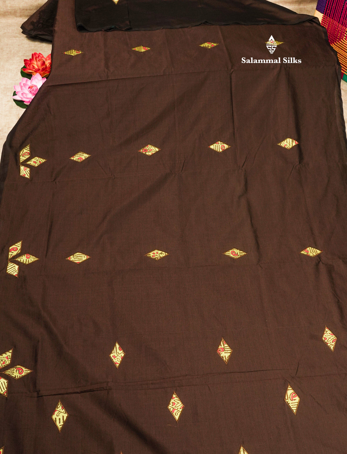 Dark Brown South Cotton Printed Saree With Contrast Parrot Green Blouse