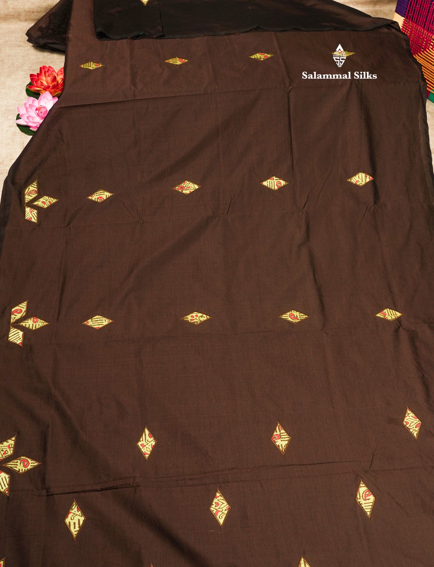 Dark Brown South Cotton Printed Saree With Contrast Parrot Green Blouse