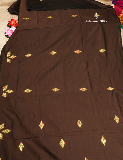 Dark Brown South Cotton Printed Saree With Contrast Parrot Green Blouse