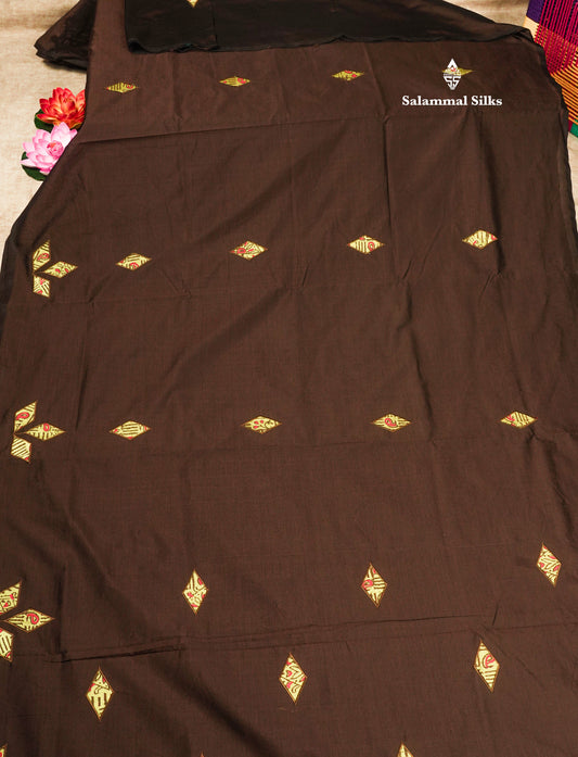 Dark Brown South Cotton Printed Saree With Contrast Parrot Green Blouse