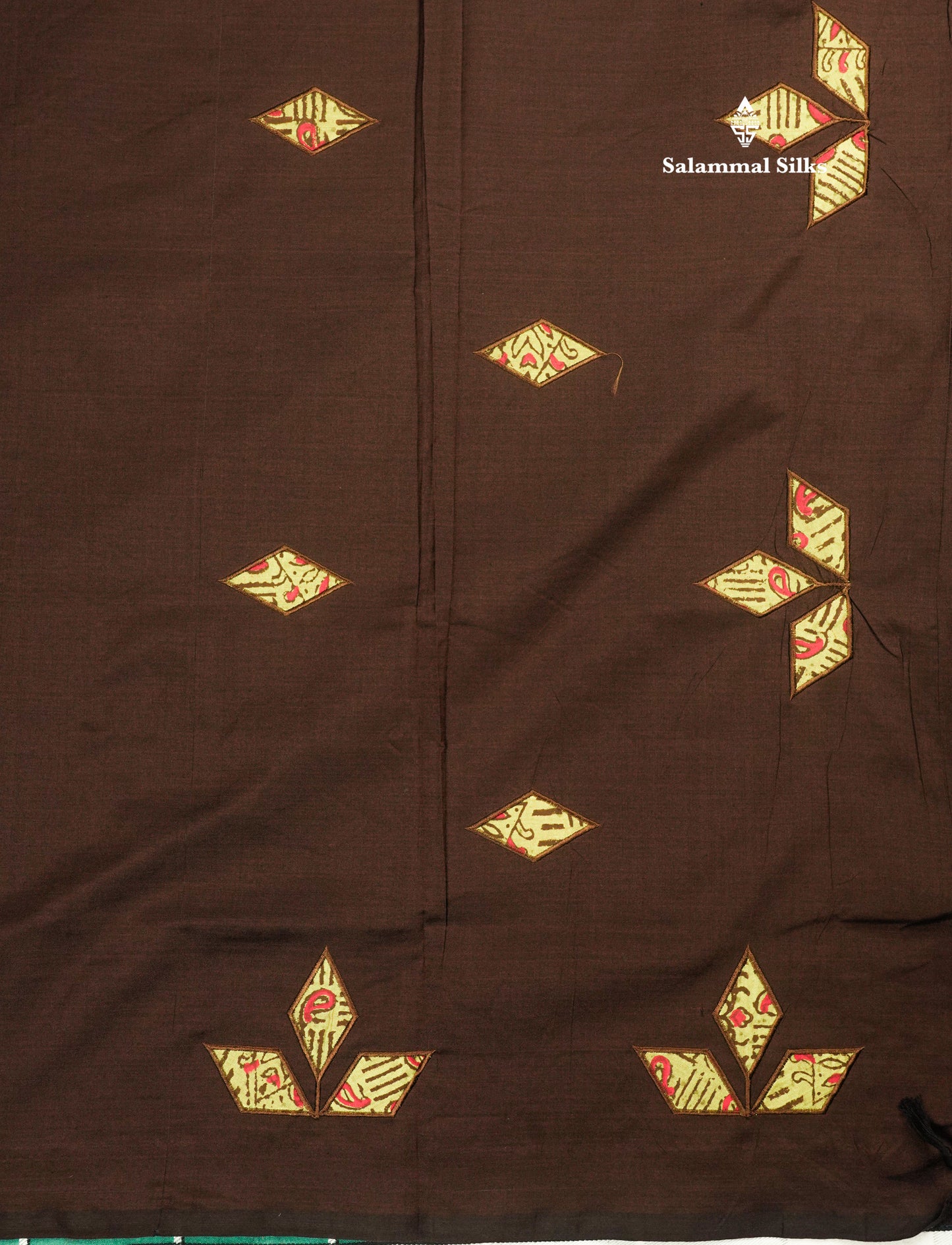 Dark Brown South Cotton Printed Saree With Contrast Parrot Green Blouse
