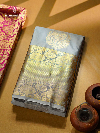 Beautiful Light Grey Semi Silk Saree With Traditional Evening Morning Border