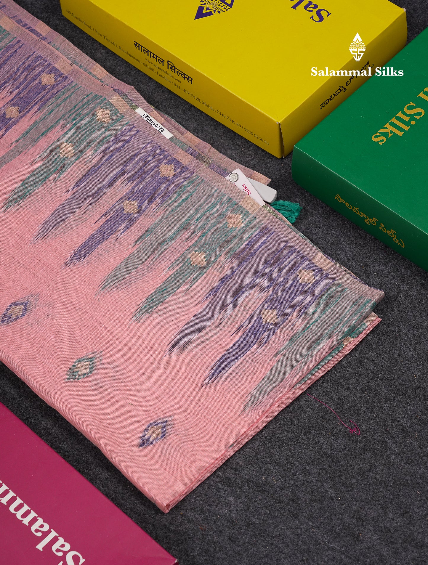 Beautiful Light Peach Menakari Work Muga Cotton Saree With Contrast Olive Green Blouse