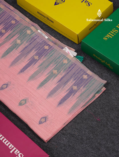 Beautiful Light Peach Menakari Work Muga Cotton Saree With Contrast Olive Green Blouse