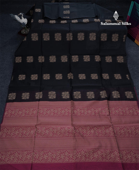 Beautiful Black Fancy Kora Cotton Saree With Contrast Magenta Pink Blouse